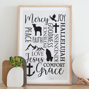 diy reusable farmhouse scripture sign stencil, christian collage sign stencil, Mercy, Joy, Peace, Faith, Patience, Goodness, Kindness, Hallelujah, Love, Jesus, Comfort, Grace sign stencil, Joy, Love, Peace, Patience, Kindness, Goodness, Gentleness, Faithfulness, Self-Control - Galatians 5:22 sign stencil, dove with olive branch lamb cross praying hands mountains anchor scripture stencil collage