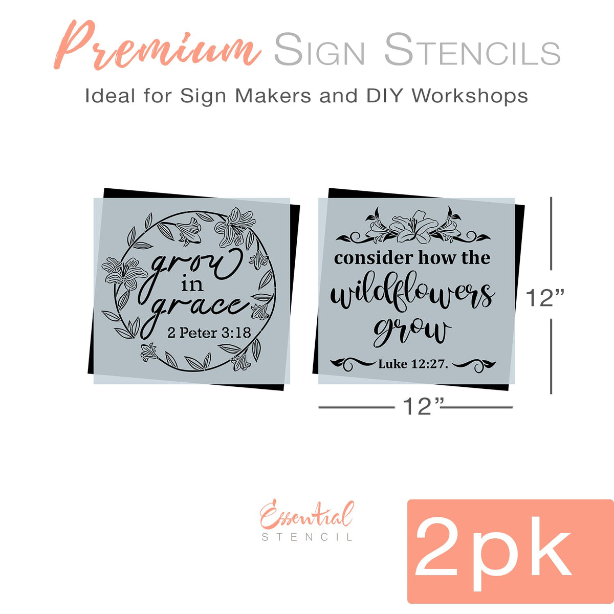 DIY reusable Christian faith scripture wood sign stencil, Grow in grace 2 Peter 3:18, consider how the wildflowers grow -Luke 12:27, christian home decor, arts and crafts, upcycling, bible verse wall art, scripture sign reusable stencil, Spring and Easter stencils, Lillies