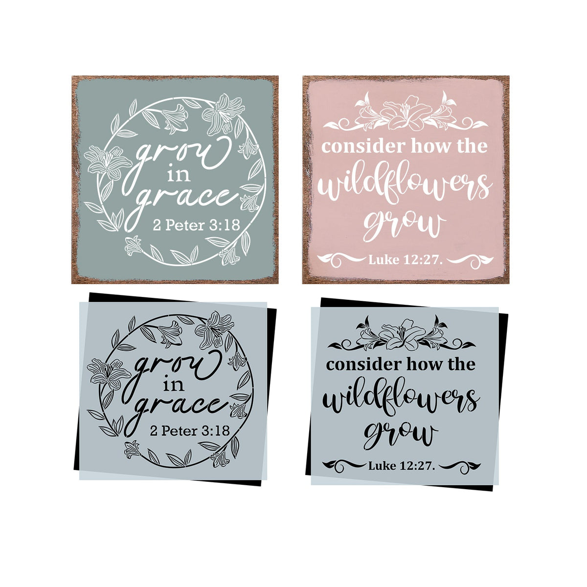DIY reusable Christian faith scripture wood sign stencil, Grow in grace 2 Peter 3:18, consider how the wildflowers grow -Luke 12:27, christian home decor, arts and crafts, upcycling, bible verse wall art, scripture sign reusable stencil, Spring and Easter stencils, Lillies