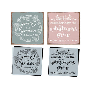 DIY reusable Christian faith scripture wood sign stencil, Grow in grace 2 Peter 3:18, consider how the wildflowers grow -Luke 12:27, christian home decor, arts and crafts, upcycling, bible verse wall art, scripture sign reusable stencil, Spring and Easter stencils, Lillies