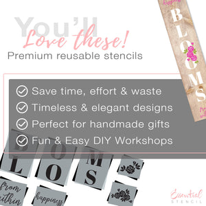 DIY reusable Happiness Blooms from within Vertical porch sign stencil, Porch leaner sign stencil, rustic farmhouse reusable vertical porch sign stencils, Vertical Spring porch sign leaner sign stencils