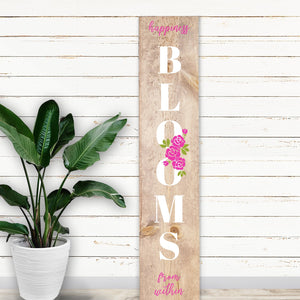 DIY reusable Happiness Blooms from within Vertical porch sign stencil, Porch leaner sign stencil, rustic farmhouse reusable vertical porch sign stencils, Vertical Spring porch sign leaner sign stencils