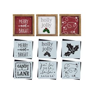 DIY reusable Christmas farmhouse mini wood sign stencils, Merry and bright wood sign stencil, holly jolly mistletoe silhouette mini wood sign stencil, string of christmas lights wood sign stencil, Candy cane lane mini wood sign stencil, fl la la la la la la la la mini wood sign stencil, Holly mistletoe silhouette wood sign stencil, Christmas tiered tray wood signs, diy rustic farmhouse wood signs, diy christmas decor wood sign stencils
