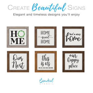DIY reusable farmhouse home decor stencil,HOME mini sign stencil, home sweet home mini sign stencil, let's stay home mini sign, Our Nest mini sign stencil, this is us our life. our story. our home mini sign stencil, our happy place mini sign stencil, stencil tiered tray signs, DIY home decor, modern farmhouse diy home decor, DIY small shelf sign