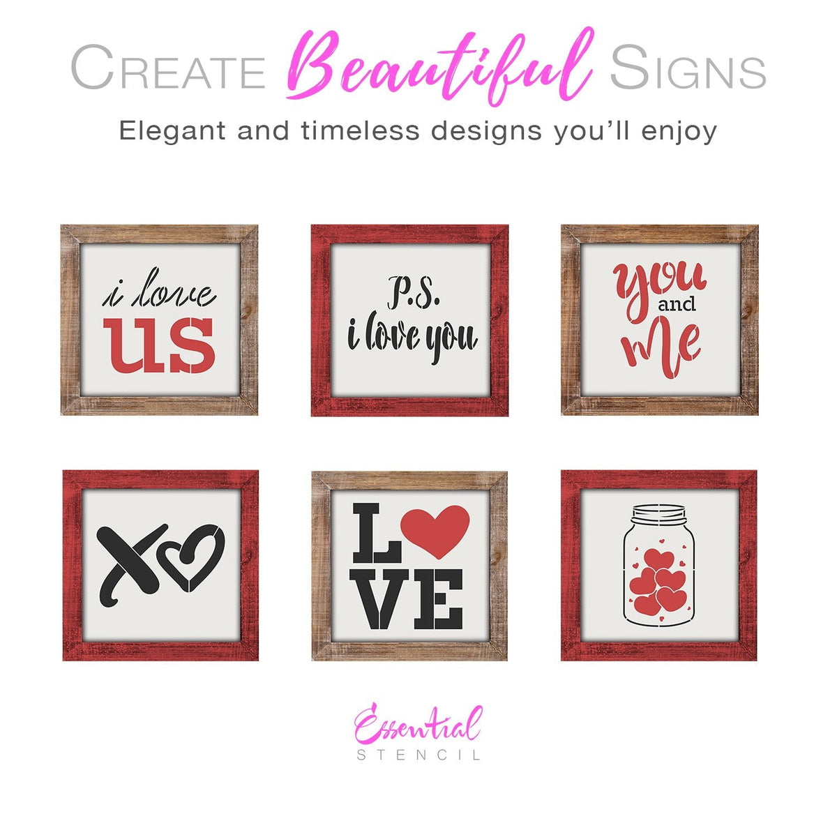 DIY reusable farmhouse sign valentines stencils, diy valentine's tiered tray home decor sign stencils, i love us sign stencil, p.s. i love you sign stencil, you and me sign stencil, xo sign stencil, jar full of hearts sign stencils