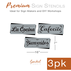 diy reusable farmhouse spanish kitchen sign stencils, la cocina wood sign stencil cut out, cafecito wood sign stencil cut out, bienvenidos wood sign stencil cut out, coffee sign, kitchen sign, welcome sign, spanish diy home decor, mylar stencils, spanish stencils