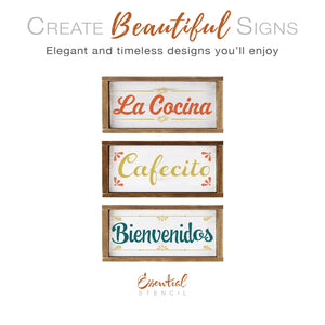 diy reusable farmhouse spanish kitchen sign stencils, la cocina wood sign stencil cut out, cafecito wood sign stencil cut out, bienvenidos wood sign stencil cut out, coffee sign, kitchen sign, welcome sign, spanish diy home decor, mylar stencils, spanish stencils