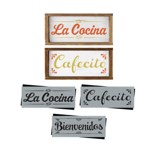 diy reusable farmhouse spanish kitchen sign stencils, la cocina wood sign stencil cut out, cafecito wood sign stencil cut out, bienvenidos wood sign stencil cut out, coffee sign, kitchen sign, welcome sign, spanish diy home decor, mylar stencils, spanish stencils