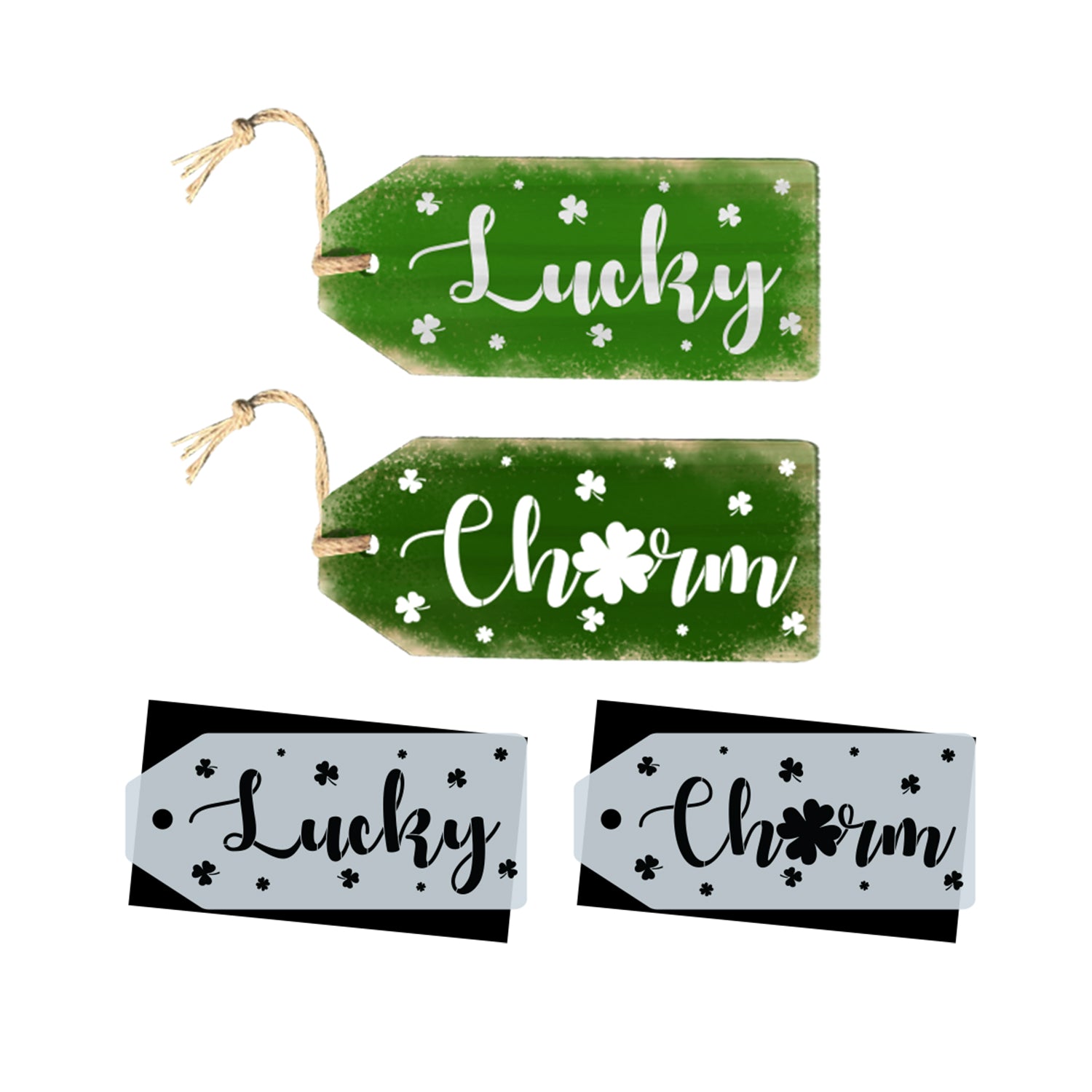 DIY Reusable Large Lucky Charm Door Tag Stencils, diy St. Patrick's front door home decor tag stencils, clovers stencil, wreath tags stencils