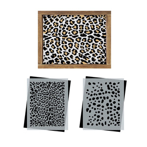 DIY reusable mylar leopard print pattern stencil, two piece leopard and spots print stencil, animal print stencils for furniture and wood signs, craft stencils, pattern stencils