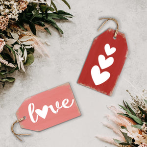 DIY reusable Love mini tag stencils, mini wood tag tiered tray Valentines Day sign stencils, Valentines tags, stacked hearts, heart arrow, love stencils