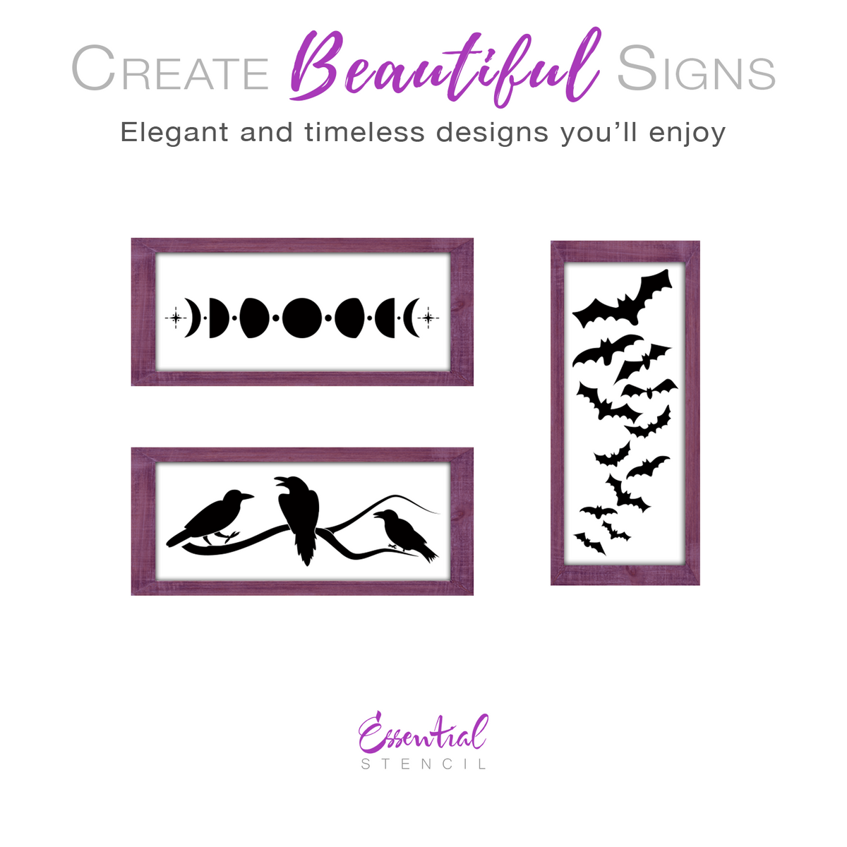 reusable halloween stencils, moon phase stencil, moon phase sign, crows on a branch wood sign, floating bats, flying bats , halloween birds, moon wood sign, boho halloween sign stencils, minimalist halloween decor