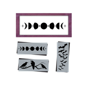 reusable halloween stencils, moon phase stencil, moon phase sign, crows on a branch wood sign, floating bats, flying bats , halloween birds, moon wood sign, boho halloween sign stencils, minimalist halloween decor