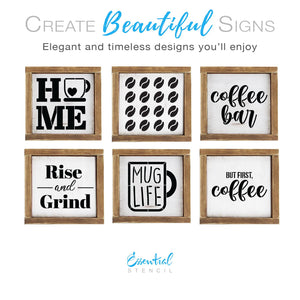 diy reusable moder farmhouse coffee bar sign stencils, HOME coffee mug sign stencil, coffee bean pattern sign stencil, coffee bar wood sign stencil, rise and grind coffee sign stencil, mug life coffee wood sign stencil, but firs, coffee sign stencil, tiered tray diy coffee sign decor, small shelf coffee bar sign decor, homemade kitchen decor coffee stencils