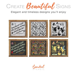 DIY reusable junk journaling mushroom and fairies stencils, mushroom and fairies card making stencils, mushroom slug and butterfly pattern, but what if i fall? oh, but my darling what if you fly quote stencil for min wood signs, Erin Hanson quote signs , scrapbooking stencils, mini enchanted theme wood sign stencils