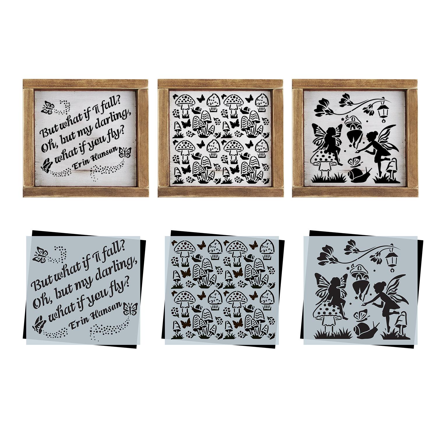 DIY reusable junk journaling mushroom and fairies stencils, mushroom and fairies card making stencils, mushroom slug and butterfly pattern, but what if i fall? oh, but my darling what if you fly quote stencil for min wood signs, Erin Hanson quote signs , scrapbooking stencils, mini enchanted theme wood sign stencils