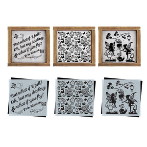 DIY reusable junk journaling mushroom and fairies stencils, mushroom and fairies card making stencils, mushroom slug and butterfly pattern, but what if i fall? oh, but my darling what if you fly quote stencil for min wood signs, Erin Hanson quote signs , scrapbooking stencils, mini enchanted theme wood sign stencils