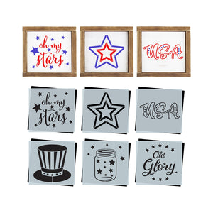diy reusable patriotic stencils for wood signs, patriotic tiered trays, 4th of july diy home decor, oh my stars mini wood sign stencil, jar of stars , liberty hat stencil, old glory, diy patriotic farmhouse home decor