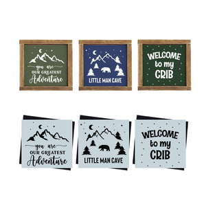 DIY boys room or nursery wood signs, little man cave, our greatest adventure, welcome to my crib Reusable sign stencils