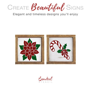 diy reusable Christmas farmhouse wood sign stencils, Large poinsettia silhouette stencil, large candy cane wrapped in mistletoe and bow silhouette, DIY Christmas pillows, DIY Christmas wood sign stencils