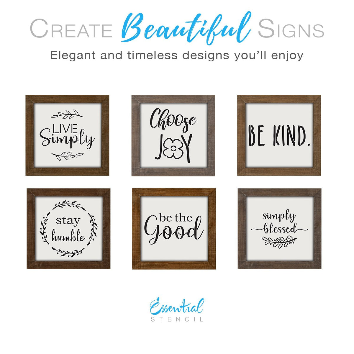 DIY reusable farmhouse home decor stencils, Live Simply wooden sign stencil, Choose Joy sign stencil, Be Kind. stencil, Stay Humble sign stencil, be the good sign stencil, simply blessed sign stencil, tiered tray signs, DIY home decor, modern farmhouse diy home decor, DIY small shelf sign