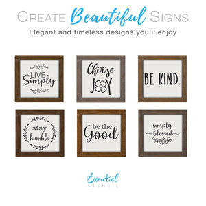 DIY reusable farmhouse home decor stencils, Live Simply wooden sign stencil, Choose Joy sign stencil, Be Kind. stencil, Stay Humble sign stencil, be the good sign stencil, simply blessed sign stencil, tiered tray signs, DIY home decor, modern farmhouse diy home decor, DIY small shelf sign