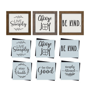 DIY reusable farmhouse home decor stencils, Live Simply wooden sign stencil, Choose Joy sign stencil, Be Kind. stencil, Stay Humble sign stencil, be the good sign stencil, simply blessed sign stencil, tiered tray signs, DIY home decor, modern farmhouse diy home decor, DIY small shelf sign