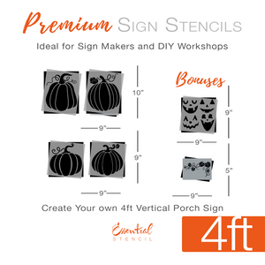 DIY reversible fall and halloween porch leaner sign stencils, stacked pumpkins stencil, jack o lantern stencils, pumpkin faces stencils, pumpkin vines stencils, DIY 4ft vertical fall porch sign, fall front door decor, front porch fall decor, Halloween front door decor, diy halloween decorations
