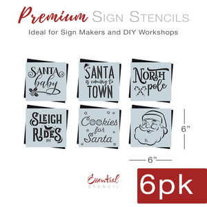DIY reusable farmhouse christmas stencils, Mini Christmas wood signs, santa baby wood sign stencil, santa is coming to town wood sign stencil, north pole and candy canes wood sign stencil, sleigh rides 25¢ wood sign stencil, cookies for santa wood sign stencil, smiling Santa face silhouette stencil, diy Christmas shelf decor, Christmas tiered tray decor, rustic farmhouse christmas sign stencils, modern farmhouse wood sign stencils.