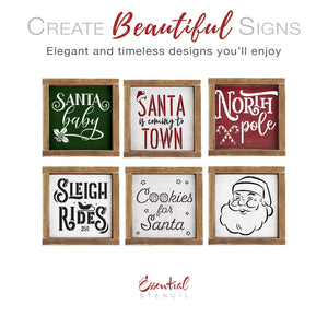 DIY reusable farmhouse christmas stencils, Mini Christmas wood signs, santa baby wood sign stencil, santa is coming to town wood sign stencil, north pole and candy canes wood sign stencil, sleigh rides 25¢ wood sign stencil, cookies for santa wood sign stencil, smiling Santa face silhouette stencil, diy Christmas shelf decor, Christmas tiered tray decor, rustic farmhouse christmas sign stencils, modern farmhouse wood sign stencils.