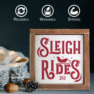 DIY reusable farmhouse christmas stencils, Mini Christmas wood signs, santa baby wood sign stencil, santa is coming to town wood sign stencil, north pole and candy canes wood sign stencil, sleigh rides 25¢ wood sign stencil, cookies for santa wood sign stencil, smiling Santa face silhouette stencil, diy Christmas shelf decor, Christmas tiered tray decor, rustic farmhouse christmas sign stencils, modern farmhouse wood sign stencils.