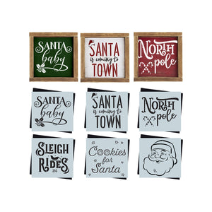 DIY reusable farmhouse christmas stencils, Mini Christmas wood signs, santa baby wood sign stencil, santa is coming to town wood sign stencil, north pole and candy canes wood sign stencil, sleigh rides 25¢ wood sign stencil, cookies for santa wood sign stencil, smiling Santa face silhouette stencil, diy Christmas shelf decor, Christmas tiered tray decor, rustic farmhouse christmas sign stencils, modern farmhouse wood sign stencils.
