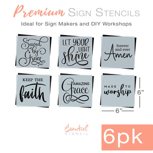 DIY reusable farmhouse Christian religion wood sign stencils, scripture tiered tray signs, faith arts and crafts, bible verse mini wood signs, home decor, upclycling, saved by grace, let your light shine, forever and ever amen, keep the faith, amazing grace, made to worship