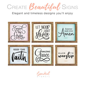 DIY reusable farmhouse Christian religion wood sign stencils, scripture tiered tray signs, faith arts and crafts, bible verse mini wood signs, home decor, upclycling, saved by grace, let your light shine, forever and ever amen, keep the faith, amazing grace, made to worship