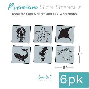 DIY reusable seaside silhouettes stencils, mini coastal farmhouse wood sign stencils, under the sea stencils, mermaid stencil, lobster stencil, starfish stencil, manta sting ray wood sign stencil, whale stencil, school of fish stencil, diy summer crafts, summer vibes, diy beach craft project