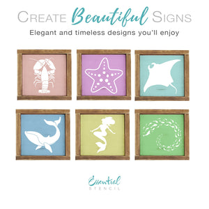 DIY reusable seaside silhouettes stencils, mini coastal farmhouse wood sign stencils, under the sea stencils, mermaid stencil, lobster stencil, starfish stencil, manta sting ray wood sign stencil, whale stencil, school of fish stencil, diy summer crafts, summer vibes, diy beach craft project