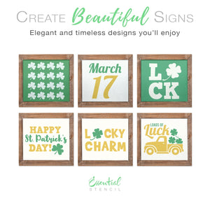 DIY reusable farmhouse St. Patrick's Day sign stencils, shamrock stencils, shamrocks vintage truck sign stencils, happy st. patrick's day sign stencils, lucky charm sign stencil, March 17 stencil