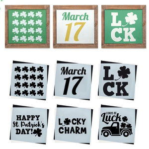 DIY reusable farmhouse St. Patrick's Day sign stencils, shamrock stencils, shamrocks vintage truck sign stencils, happy st. patrick's day sign stencils, lucky charm sign stencil, March 17 stencil