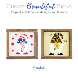 DIY reusable Summer Gnome stencils for wood signs, Patriotic Gnome with stars and stripes hat, sweet summer sunflower gnomes and bees gnome stencils for wood signs, summer diy farmhouse decor, decorating with gnomes, diy gnome pillow