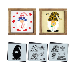 DIY reusable Summer Gnome stencils for wood signs, Patriotic Gnome with stars and stripes hat, sweet summer sunflower gnomes and bees gnome stencils for wood signs, summer diy farmhouse decor, decorating with gnomes, diy gnome pillow