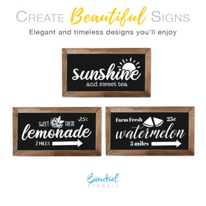 Reusable summertime sign stencils for painting on wood, DIY summer home decor, Sunshine and sweet tea, farm fresh watermelon, fresh lemonade stencil