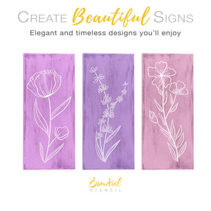 DIY reusable wildflower stencils, thin pencil art flower stencils, diy minimalistic spring home decor, lavender flower stencil, poppy flower stencil, flax flower stencil, diy wildflower wood signs