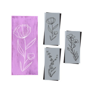DIY reusable wildflower stencils, thin pencil art flower stencils, diy minimalistic spring home decor, lavender flower stencil, poppy flower stencil, flax flower stencil, diy wildflower wood signs
