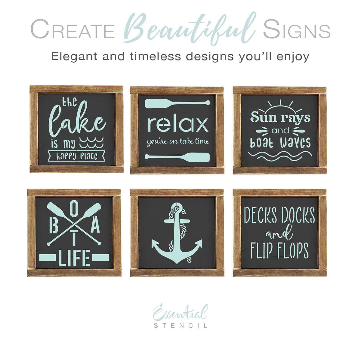 DIY reusable mini lake stencils for wood signs, the lake is my happy place stencil, relax you're on lake time, sun rays and boat waves, boat life paddles, anchor and rope, decks docks and flip flops stencils for mini wood signs, summer diy home decor, lake house tiered tray diy decor