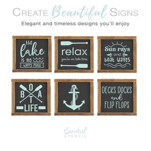 DIY reusable mini lake stencils for wood signs, the lake is my happy place stencil, relax you're on lake time, sun rays and boat waves, boat life paddles, anchor and rope, decks docks and flip flops stencils for mini wood signs, summer diy home decor, lake house tiered tray diy decor