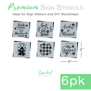 DIY reusable St. Patrick's Day wood sign stencils, st patricks day tiered tray signs, Irish kisses and shamrock wishes, just a wee bit irish, lucky and blessed woos sign stencil, jar of shamrocks, buffalo check pattern shamrock, the luckiest wood sign stencil, diy st patricks day home decor