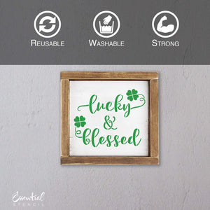 DIY reusable St. Patrick's Day wood sign stencils, st patricks day tiered tray signs, Irish kisses and shamrock wishes, just a wee bit irish, lucky and blessed woos sign stencil, jar of shamrocks, buffalo check pattern shamrock, the luckiest wood sign stencil, diy st patricks day home decor