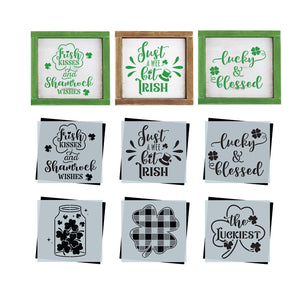 DIY reusable St. Patrick's Day wood sign stencils, st patricks day tiered tray signs, Irish kisses and shamrock wishes, just a wee bit irish, lucky and blessed woos sign stencil, jar of shamrocks, buffalo check pattern shamrock, the luckiest wood sign stencil, diy st patricks day home decor