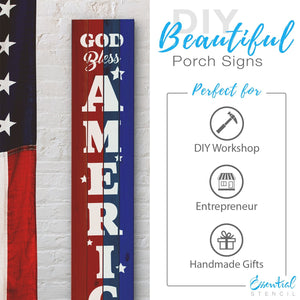 Reusable Vertical God Bless America | Patriotic Sign Stencil, 5ft Vertical Patriotic front porch leaner sign | Independence Day Sign