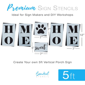 Reusable Vertical Home Sweet Home Sign Stencil for painting 5ft wood porch signs | Bonus Paw print stencil, 5ft Vertical Home Sweet Home front porch leaner sign